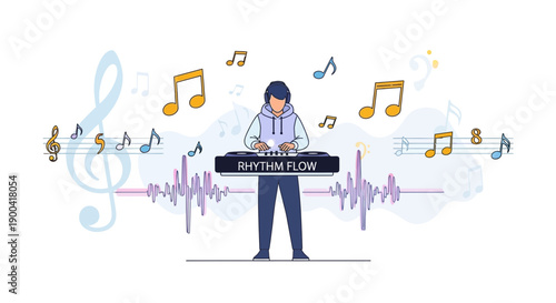 Creative Musician Producing Electronic Beats With Musical Elements And Sound Waves