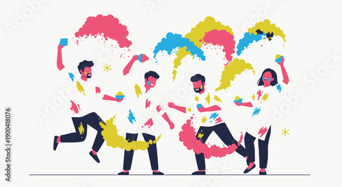 Vibrant people running and throwing colorful powder in joyful celebration, viewed from the side