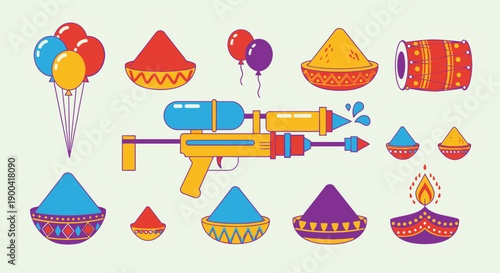Vibrant Holi celebration elements including water gun, colorful powders, and festive balloons arranged in a lively composition.