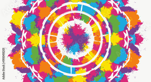 Vibrant Circular Pattern with Concentric Rings and Floral Motifs in a Kaleidoscope Design