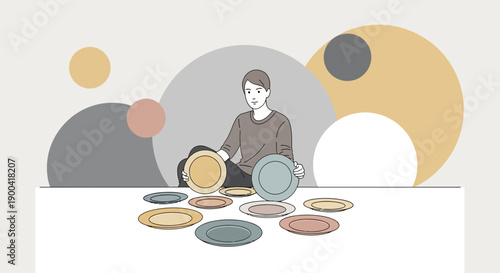 Creative Person Surrounded By Assorted Plates Geometric Background Design