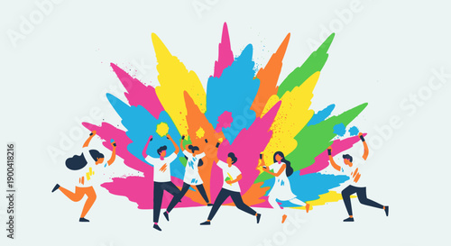 Vibrant people running together in joy with colorful paint splashes around them, celebrating happiness and freedom in a lively illustration.