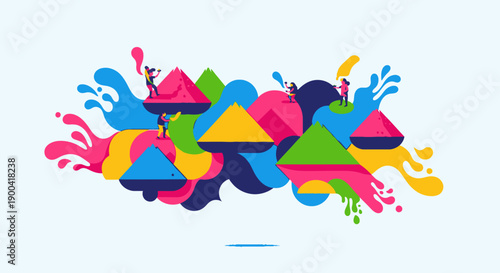 Vibrant abstract shapes and paint splatters in dynamic motion, showcasing creativity and artistic expression