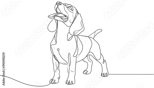 Single line art of a cute beagle puppy looking upward with tongue out, isolated on white