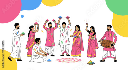 Vibrant cultural celebration with people dressed in traditional attire playing Holi together in a festive environment from a frontal viewpoint