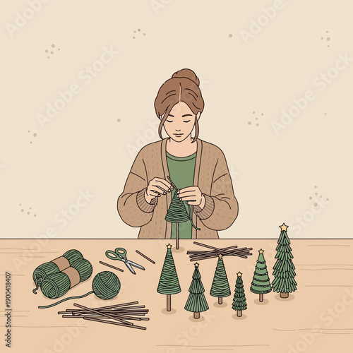 Creative Woman Crafting Miniature Christmas Trees with Yarn and Sticks