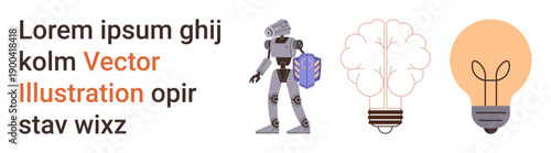 Innovation, robotics, creativity, AI concepts, problem-solving, technological ideas. Robot figure, brain-shaped cloud lightbulb ion. Robotics and creativity ideas and solutions