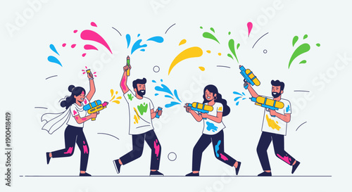 Vibrant group of people celebrating Holi festival with colorful powder joyfully together outdoors