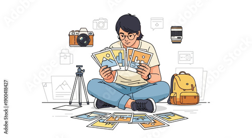 Creative Photographer Organizes Landscape Prints And Photography Gear For Projects