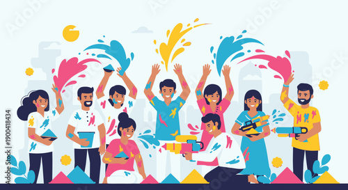 Vibrant group of people celebrating Holi festival with colorful powder illustrations