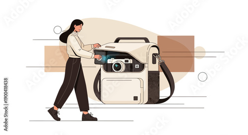 Creative Woman Packing Camera Equipment Into Stylish Bag