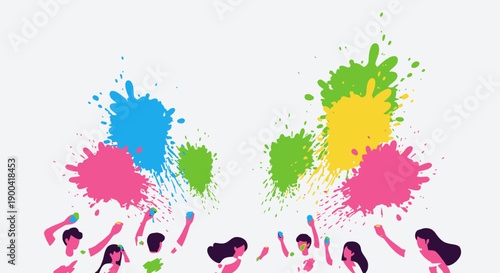Vibrant celebration with people running through colorful powder paint splatters in a joyful festive atmosphere from a dynamic viewpoint