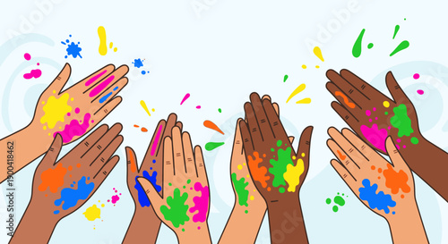 Diverse hands raised together in celebration, splattered with vibrant colors, conveying unity and joy from a frontal viewpoint