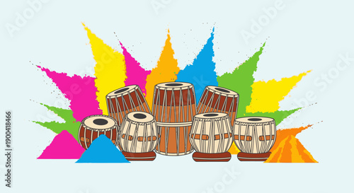 Vibrant drums surrounded by colorful powder splashes in a lively celebration scene from a front viewpoint