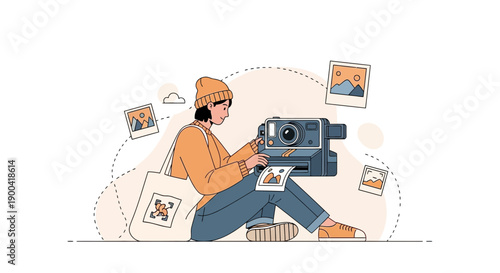 Creative Young Woman Capturing Memories With Instant Camera And Vintage Photography Vibes