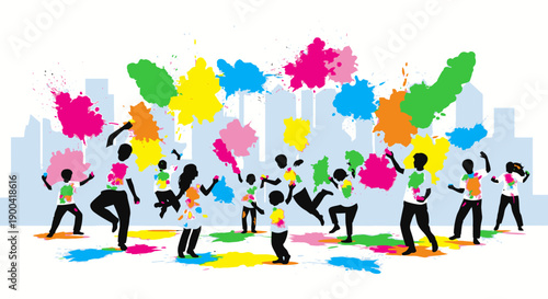 Vibrant people dancing with colorful powder in urban landscape from aerial viewpoint