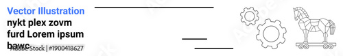 Cybersecurity, malware protection, technology risks, hacking prevention, data security, digital analysis. Trojan horse with gears. Cybersecurity and malware protection concept