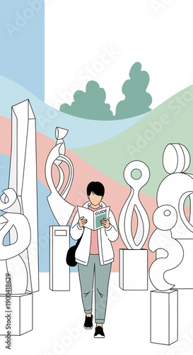 Cultural Exploration Visitor Engaging With Modern Art Sculptures Outdoors