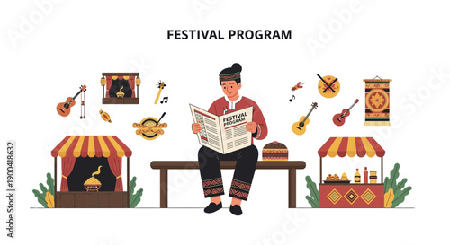 Cultural Festival Program Announcement with Traditional Elements and Booths