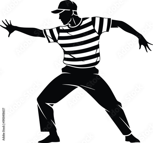 Black and white vector silhouette of a mime performer wearing striped shirt and cap in dramatic theatrical pose isolated on white background for arts (25 words)