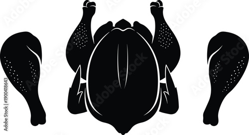 Black and white vector silhouette of a whole roasted chicken and drumsticks isolated on white background for butcher shop organic poultry and cooking design (25 words)