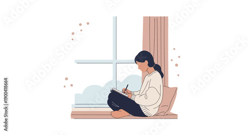 Creative Young Woman Writing And Sketching Indoors Beside A Window