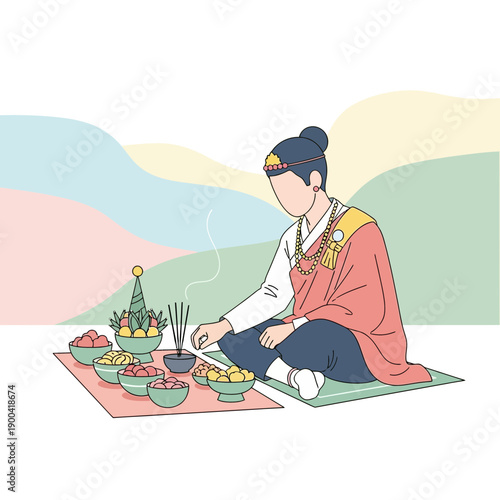 Cultural Offering With Traditional Attire And Incense Smoke