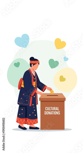 Cultural Preservation Contribution In Traditional Attire With Donation Box