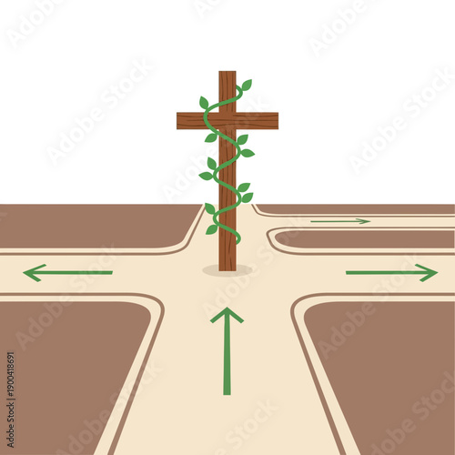 Crossroads Of Faith With Growing Vine And Directional Arrows