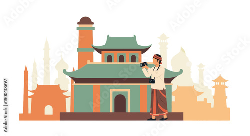 Cultural Traveler Capturing Iconic Asian Architecture With Camera Photography Adventure