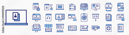 Online course or E Learning Icon set. Containing online class, digital learning, audiobook, cerificate, streaming video. Icon collection flat blue.