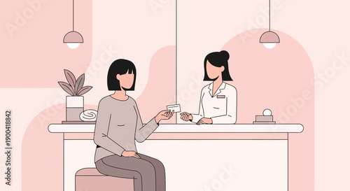 Customer Service Interaction At A Reception Desk With Card Exchange