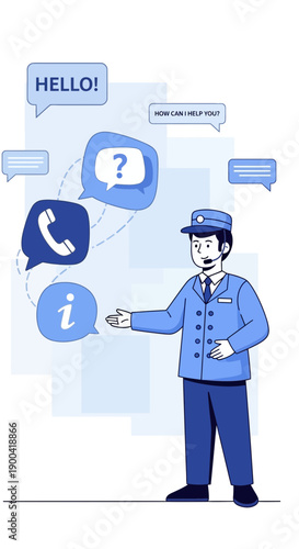 Customer Service Representative in Uniform Gesturing Towards Information and Communication Elements