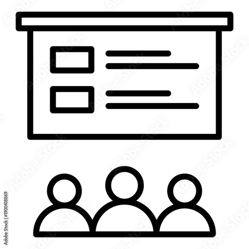 Black line icon Presentation board with audience. Minimalist Online course or E Learning outline symbol design.