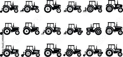 Black silhouette vector set of agricultural farm tractors with various attachments and equipment for farming industry rural cultivation and heavy machinery transport design concepts