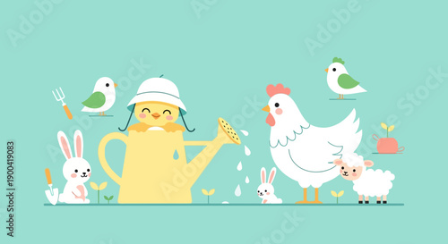 Cute Farm Animals Gardening And Watering Plants In Springtime