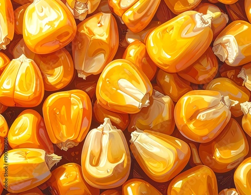 Golden corn kernels close up, piled in bright, warm light. Textural, harvest