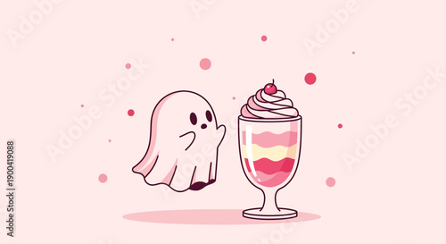 Cute Ghost Admires Delicious Pink Parfait Dessert