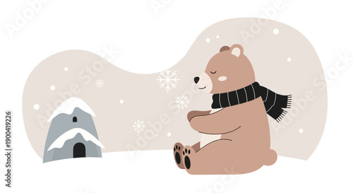 Cute Winter Bear Sitting Beside Igloo In Gentle Snowfall