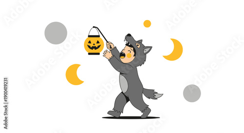 Cute Wolf Costume Kid Trick-or-Treating Halloween Night Fun