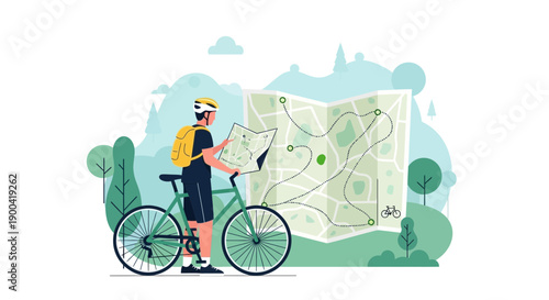Cyclist Planning A Scenic Route On A Folding Map Outdoors