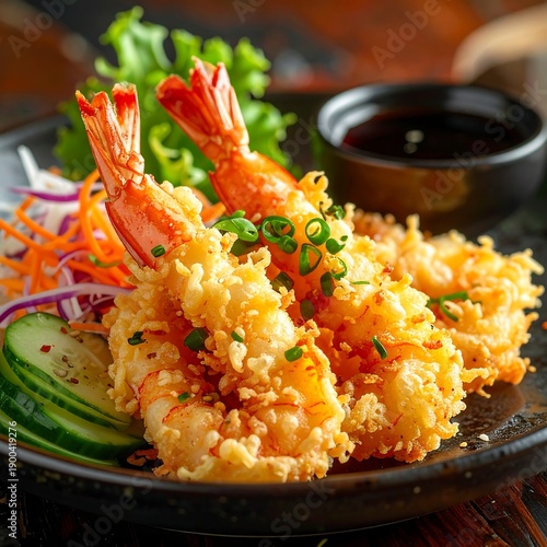 Crispy shrimp tempura with vibrant vegetables and dipping sauce on a textured plate