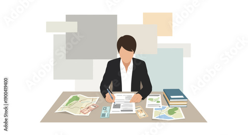 Dedicated Professional Analyzing Documents Maps and Currency for Strategic Planning