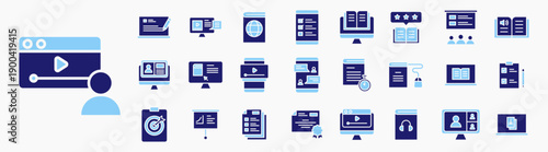 Online course or E Learning Icon set. Containing online class, digital learning, audiobook, cerificate, streaming video and more. Icon collection Solid blue.