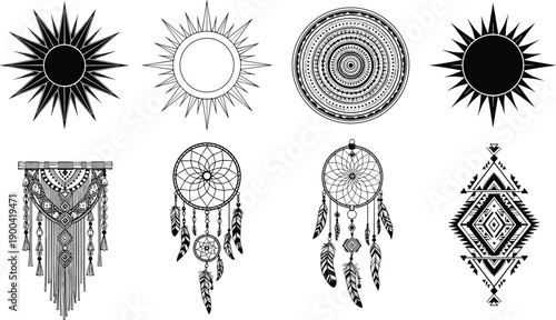 Collection of black and white bohemian vector elements including sun mandalas feathers dreamcatchers and tribal geometric ornaments isolated for tattoo art and home decoration.