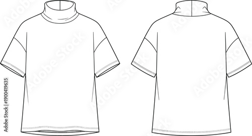 Technical Fashion Sketch of a Short Sleeve Turtleneck T-shirt Featuring Drop Shoulder Design and Loose Fit Silhouette for Apparel Template