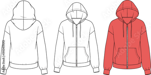Technical Fashion Sketch of a Zip Up Hoodie Featuring Front Kangaroo Pocket with Ribbed Cuffs and Hem for Apparel Template