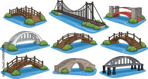 Collection of nine illustrated bridges showcasing diverse architectural styles over water, ideal for educational, engineering, landscape, or structural design reference and inspiration.