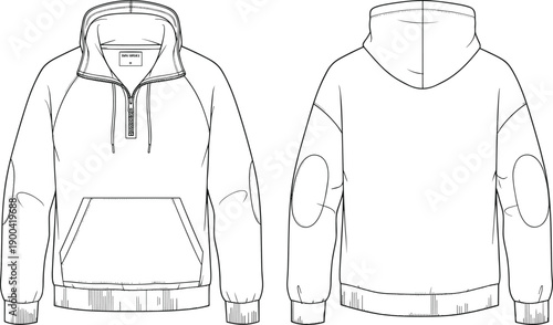 Technical Fashion Sketch of Mens Quarter Zip Hoodie with Front Kangaroo Pocket and Elbow Patches Vector Apparel Template Showing Front and Back  Fashion Sketch of  Quarter Zip 