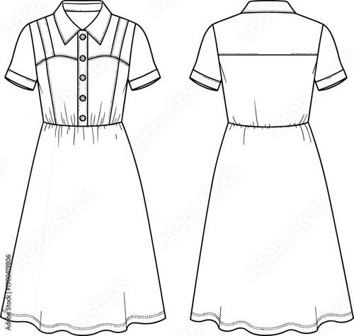 Technical fashion sketch of women's lace-up hoodie, drawstring shorts, belted trousers, long winter overcoat, and button-front dress, front back templates.